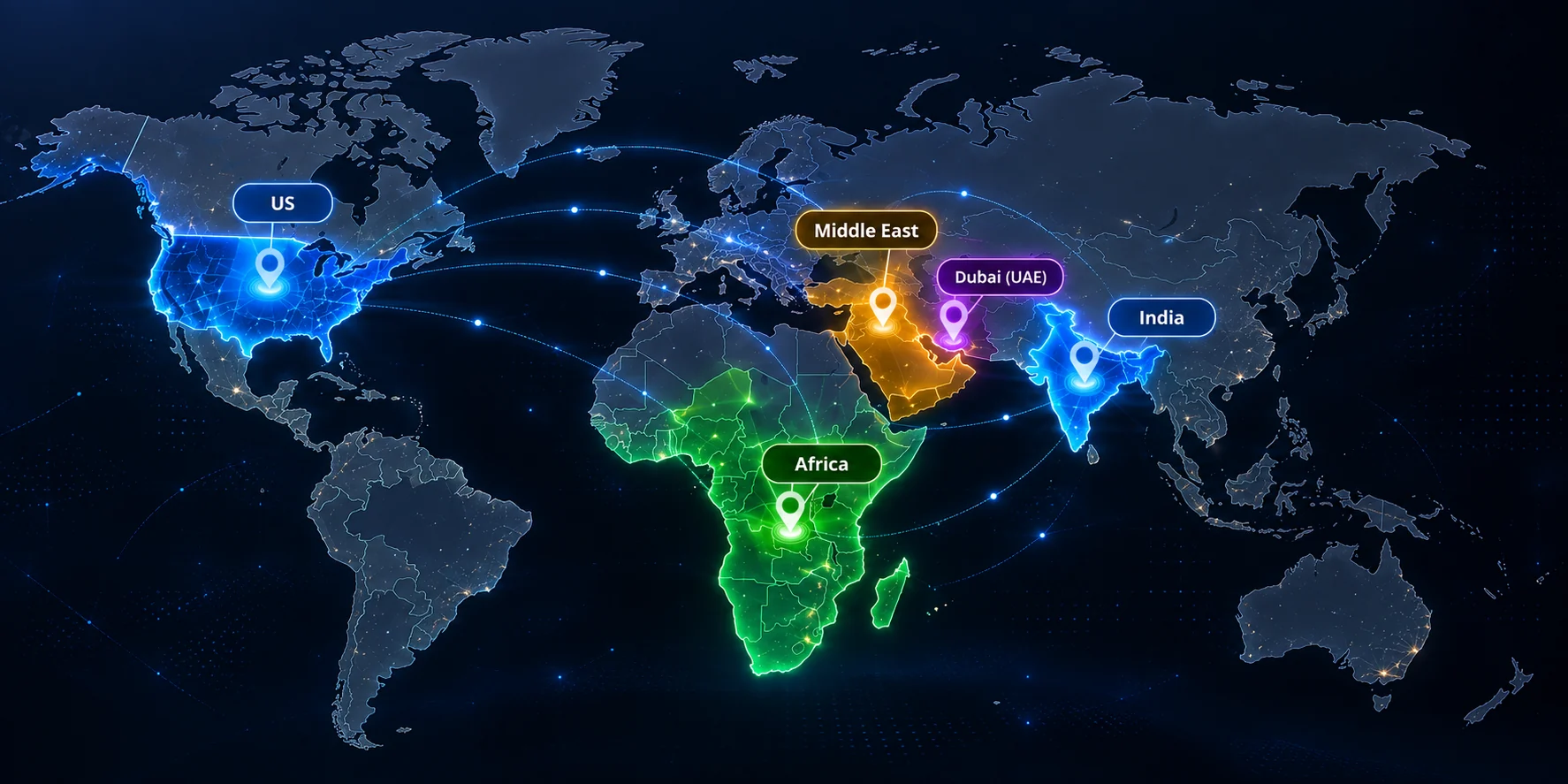 World map showing ePROTECT360 presence across the US, Middle East, Dubai (UAE), India and Africa